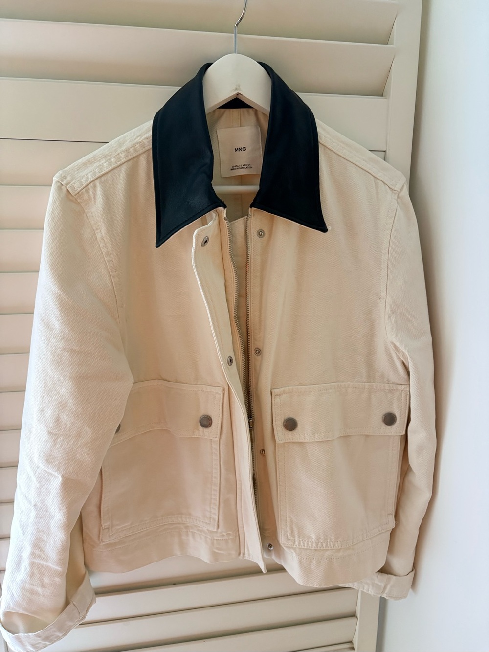 Mango Cream Barn Jacket with Black Vegan Leather Collar Women’s